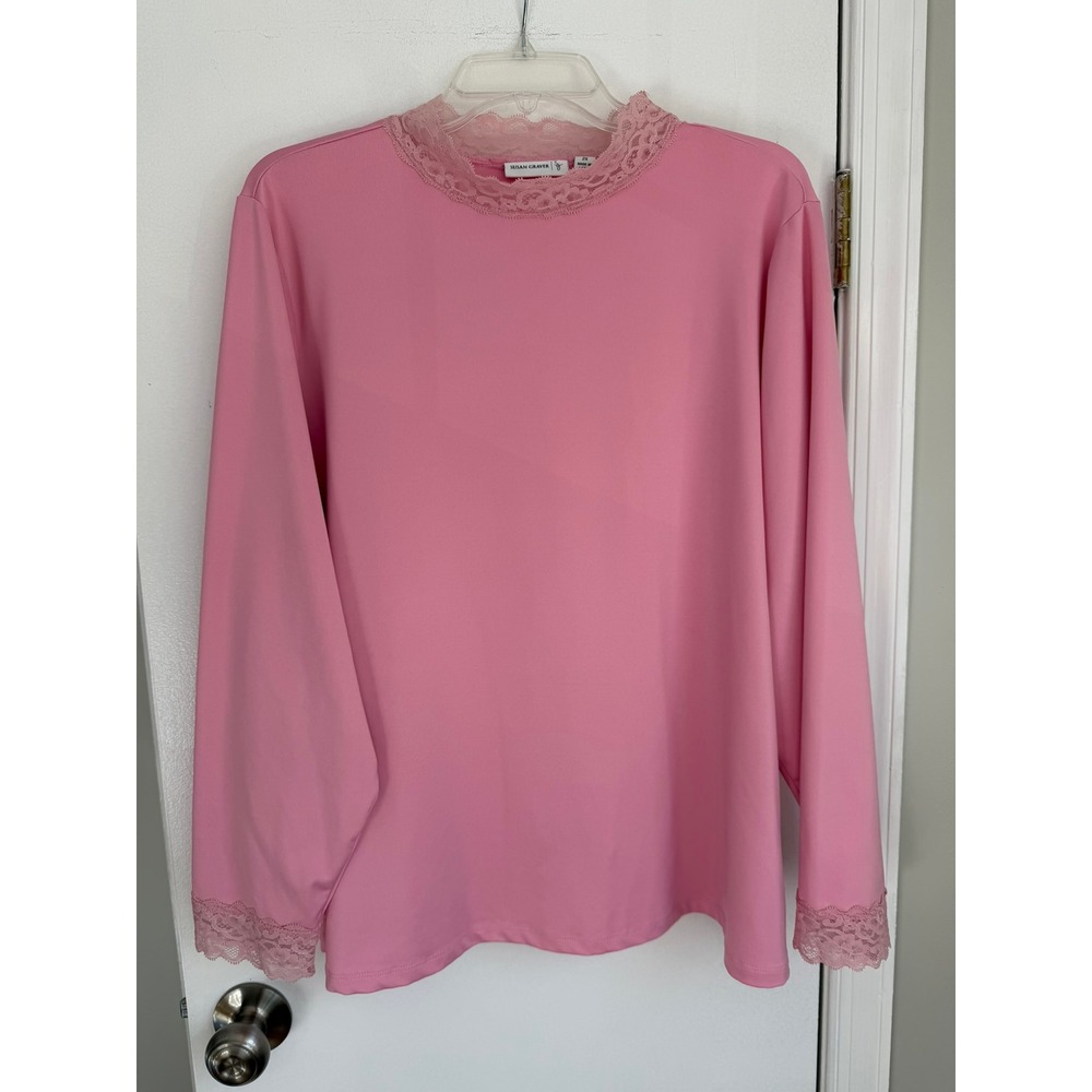 Susan Graver Liquid Knit Pink Lace Trim Mock Neck Long Sleeve Top 2X‎